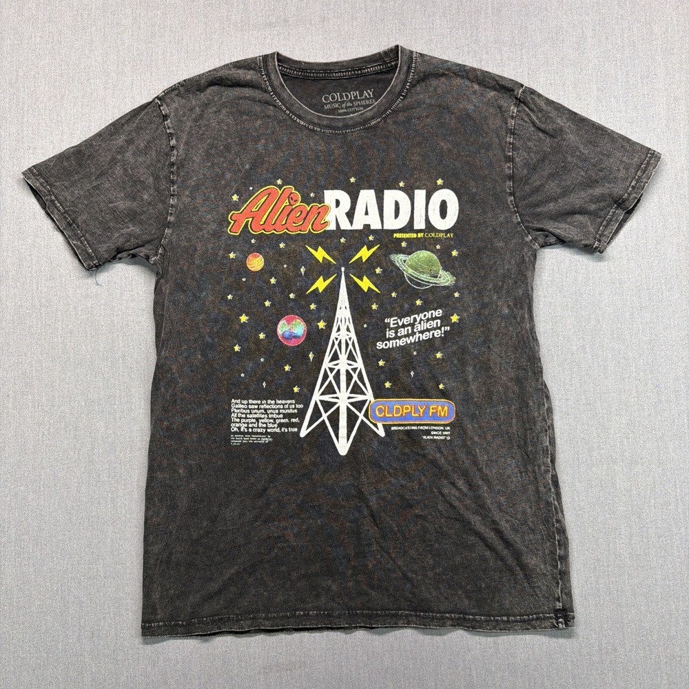 Coldplay Music of the Spheres Alien Radio T-Shirt L Black Cotton Concert Tour